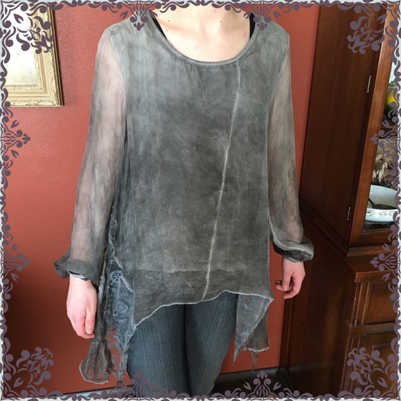 Italian Silk & Angora Grey Asymmetrical Top - Picture 3 of 4